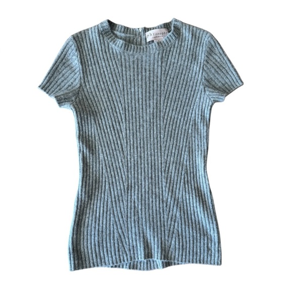 Philosophy Cashmere Small Short Sleeve Sweater Pullover Gray Ribbed Knit - Picture 1 of 9